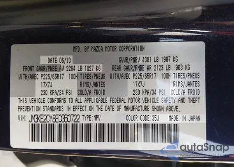 2014 Mazda Cx-5 Touring z USA, uszkodzony, nr VIN JM3KE2CY8E0360722